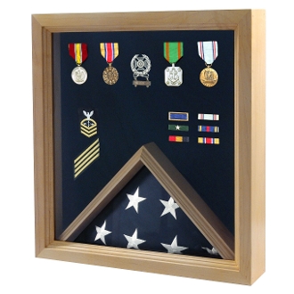 Flag and Medal Display Case - Military Shadow Box - Oak